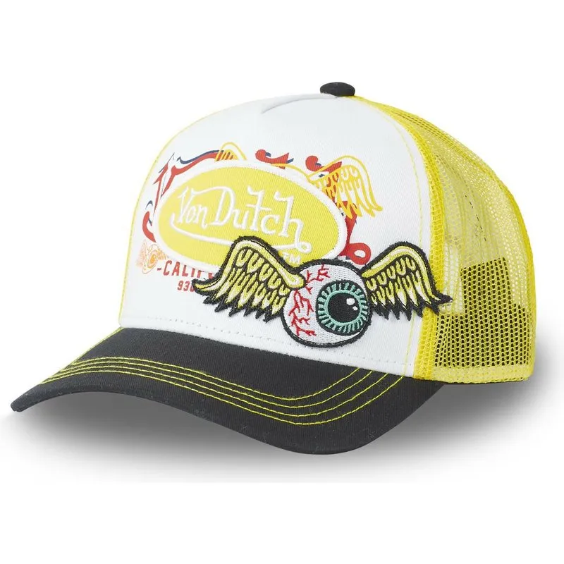 GORRA VON DUTCH CALIFORNIA REJILLA Y AJUSTABLE TRUCKER REFVD/O/CAS/PAT/YEL BLANCA, AMARILLA Y NEGRA
